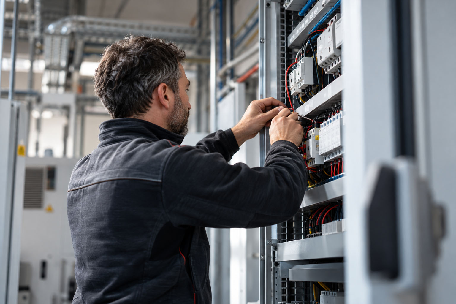 Tecnico al lavoro sul quadro elettrico