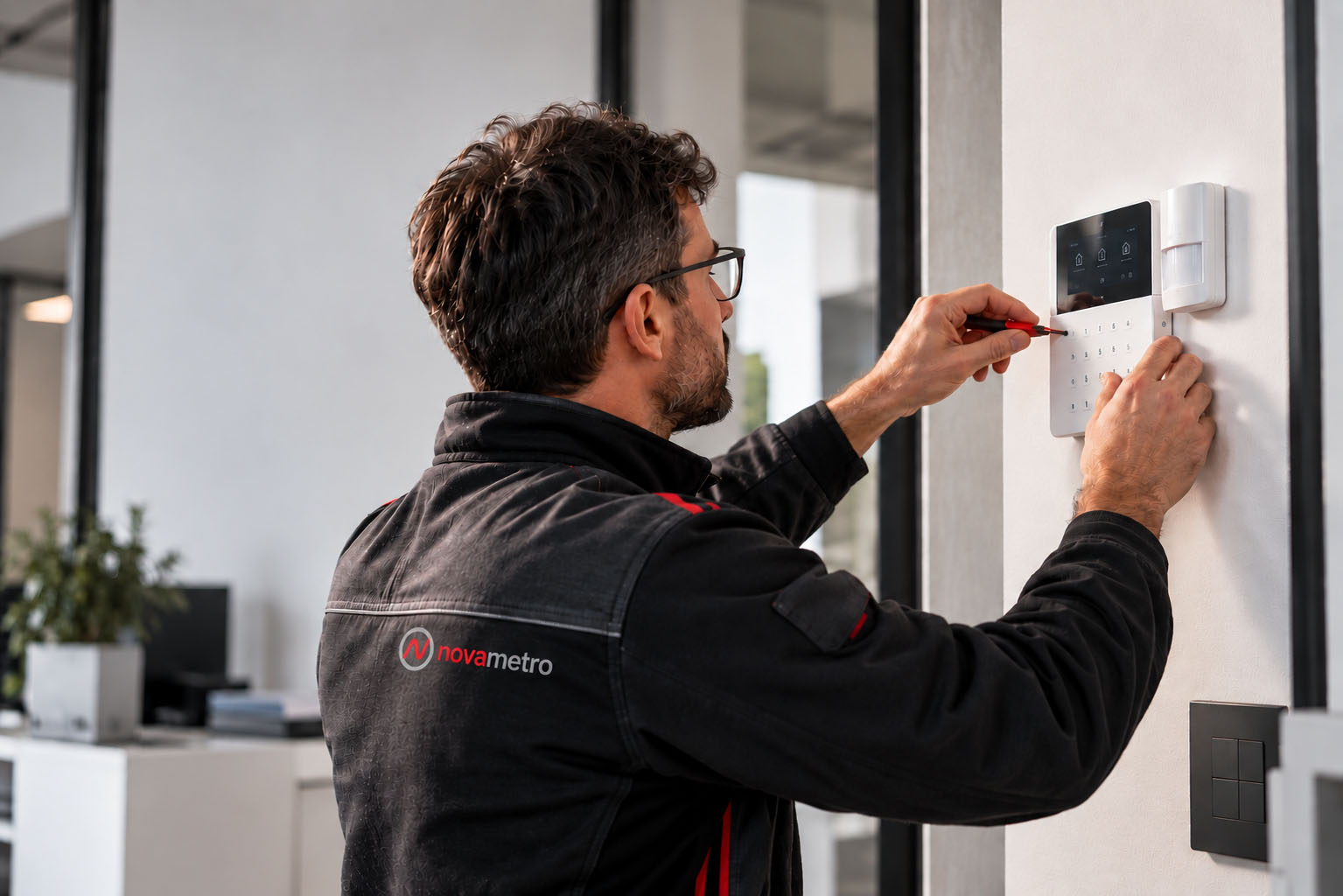 Tecnico installa un sistema d’allarme moderno